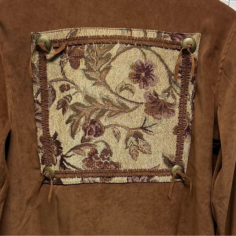 Susan Graver Floral Tapestry Jacket Medium Western Cowgirl Fringe Brown - Picture 8 of 13
